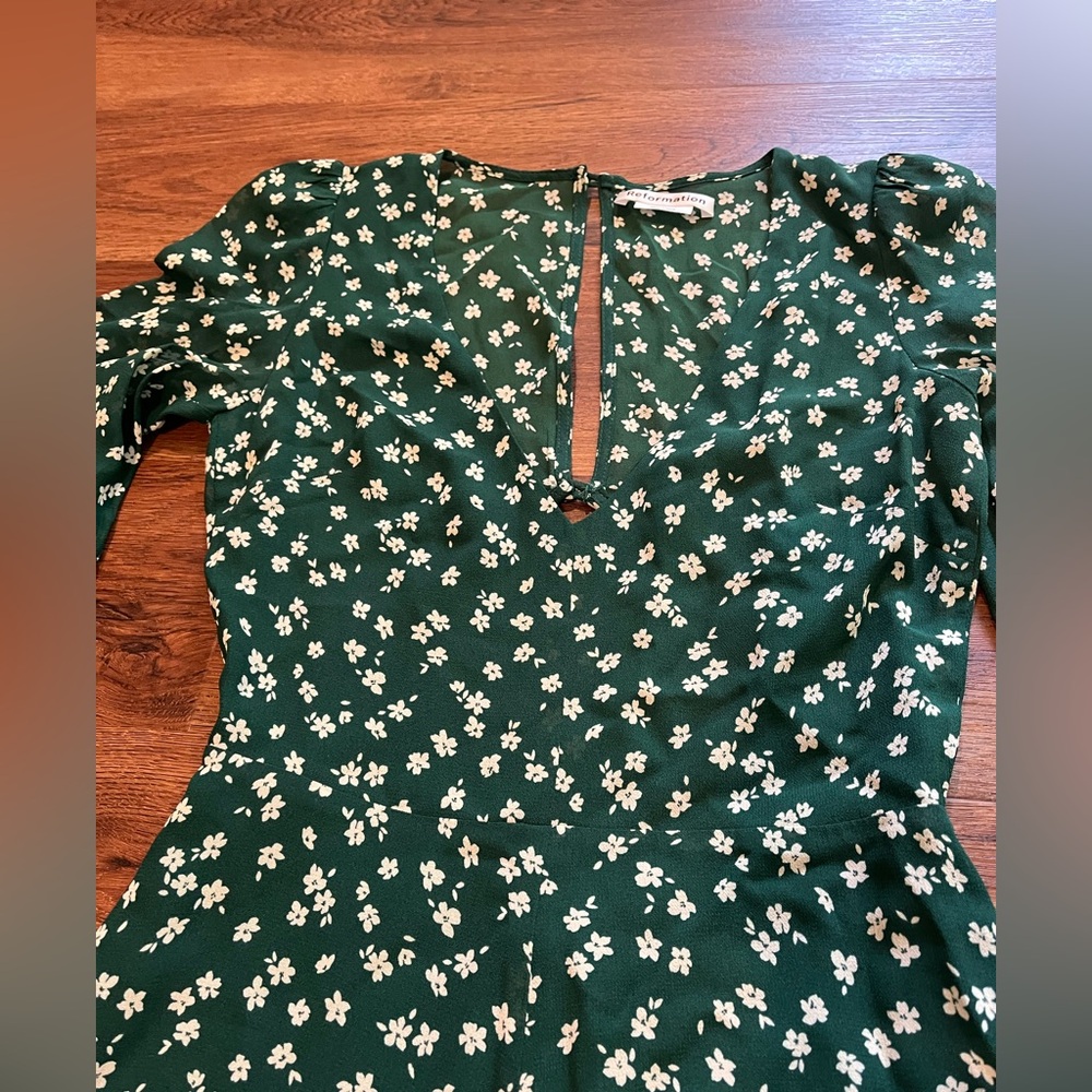 REFORMATION Joy Dress Annette Print Green White Ditsy Floral Open Back Women's 0 - Picture 7 of 16